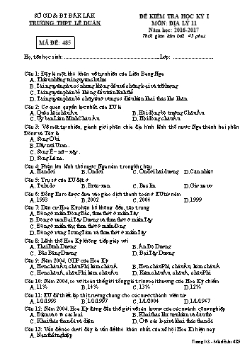 Đề kiểm tra học kỳ I môn Địa lý 11 - Mã đề 485 - Năm học 2016-2017 - Trường THPT Lê Duẩn (Kèm đáp án)