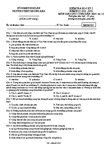 Đề kiểm tra học kỳ I môn Giáo dục công dân 12 - Mã đề 395 - Năm học 2019-2020 - Trường THPT Krông Ana