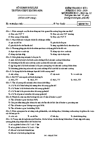 Đề kiểm tra học kỳ I môn Sinh học 12 - Mã đề 794 - Năm học 2019-2020 - Trường THPT Krông Ana (Kèm đáp án)