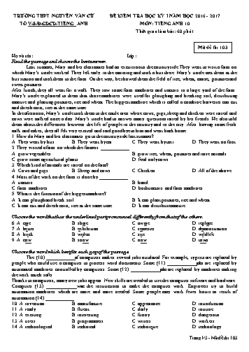 Đề kiểm tra học kỳ I môn Tiếng Anh 10 - Mã đề 103 - Năm học 2016-2017 - Trường THPT Nguyễn Văn Cừ (Kèm đáp án)