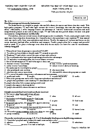 Đề kiểm tra học kỳ I môn Tiếng Anh 10 - Mã đề 104 - Năm học 2016-2017 - Trường THPT Nguyễn Văn Cừ (Kèm đáp án)