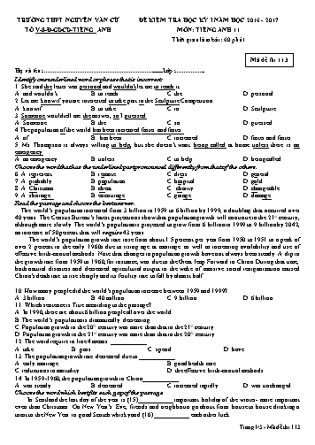 Đề kiểm tra học kỳ I môn Tiếng Anh 11 - Mã đề 113 - Năm học 2016-2017 - Trường THPT Nguyễn Văn Cừ (Kèm đáp án)
