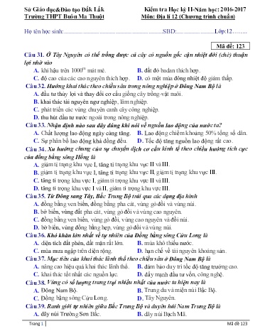 Đề kiểm tra học kỳ II môn Địa lí 12 - Mã đề 123 - Năm học 2016-2017 - Trường THPT Buôn Ma Thuột (Kèm đáp án)