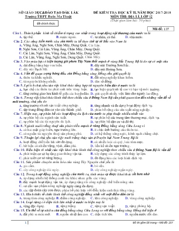 Đề kiểm tra học kỳ II môn Địa lí 12 - Mã đề 137 - Năm học 2017-2018 - Trường THPT Buôn Ma Thuột (Kèm đáp án)