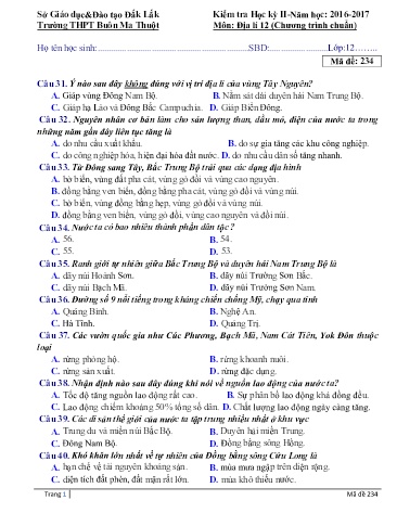 Đề kiểm tra học kỳ II môn Địa lí 12 - Mã đề 234 - Năm học 2016-2017 - Trường THPT Buôn Ma Thuột (Kèm đáp án)