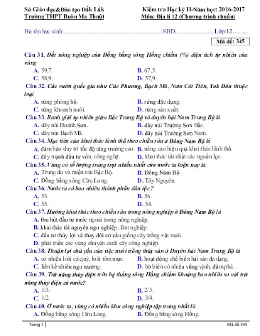 Đề kiểm tra học kỳ II môn Địa lí 12 - Mã đề 345 - Năm học 2016-2017 - Trường THPT Buôn Ma Thuột (Kèm đáp án)