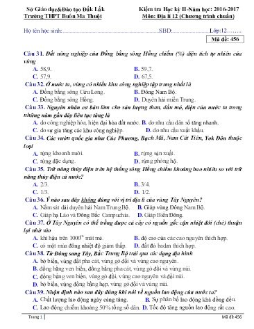 Đề kiểm tra học kỳ II môn Địa lí 12 - Mã đề 456 - Năm học 2016-2017 - Trường THPT Buôn Ma Thuột (Kèm đáp án)