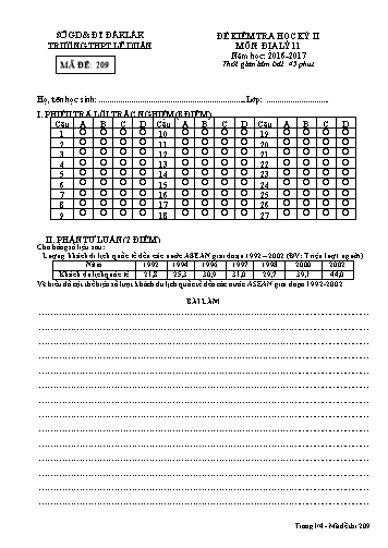 Đề kiểm tra học kỳ II môn Địa lý 11 - Mã đề 209 - Năm học 2016-2017 - Trường THPT Lê Duẩn (Kèm đáp án)