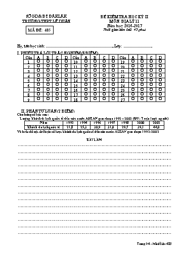 Đề kiểm tra học kỳ II môn Địa lý 11 - Mã đề 485 - Năm học 2016-2017 - Trường THPT Lê Duẩn (Kèm đáp án)
