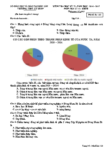 Đề kiểm tra học kỳ II môn Địa lý 12 - Mã đề 132 - Năm học 2016-2017 - Trường THPT Lê Duẩn (Kèm đáp án)