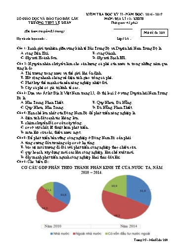 Đề kiểm tra học kỳ II môn Địa lý 12 - Mã đề 209 - Năm học 2016-2017 - Trường THPT Lê Duẩn (Kèm đáp án)