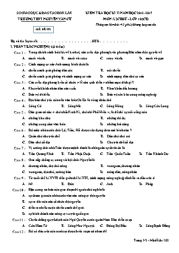 Đề kiểm tra học kỳ II môn Lịch sử 10 (CB) - Đề 102 - Năm học 2016-2017 - Trường THPT Nguyễn Văn Cừ (Kèm đáp án)