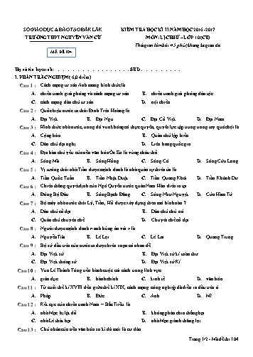 Đề kiểm tra học kỳ II môn Lịch sử 10 (CB) - Đề 104 - Năm học 2016-2017 - Trường THPT Nguyễn Văn Cừ (Kèm đáp án)