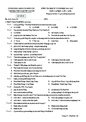 Đề kiểm tra học kỳ II môn Lịch sử 11 (CB) - Đề 103 - Năm học 2016-2017 - Trường THPT Nguyễn Văn Cừ (Kèm đáp án)