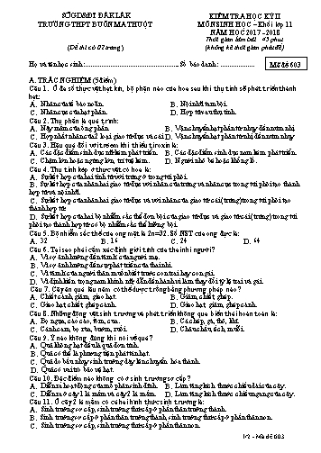 Đề kiểm tra học kỳ II môn Sinh học 11 - Mã đề 603 - Năm học 2017-2018 - Trường THPT Buôn Ma Thuột (Kèm đáp án)