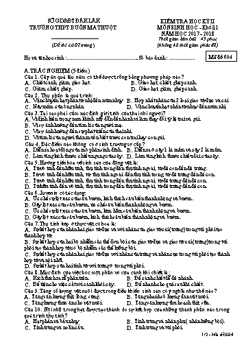 Đề kiểm tra học kỳ II môn Sinh học 11 - Mã đề 604 - Năm học 2017-2018 - Trường THPT Buôn Ma Thuột (Kèm đáp án)