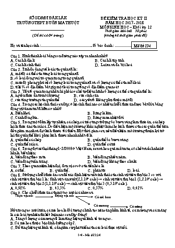 Đề kiểm tra học kỳ II môn Sinh học 12 - Mã đề 234 - Năm học 2017-2018 - Trường THPT Buôn Ma Thuột (Kèm đáp án)
