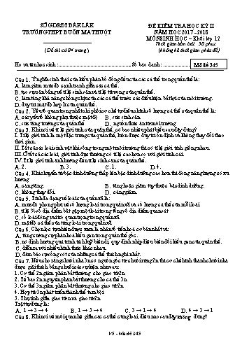 Đề kiểm tra học kỳ II môn Sinh học 12 - Mã đề 345 - Năm học 2017-2018 - Trường THPT Buôn Ma Thuột (Kèm đáp án)