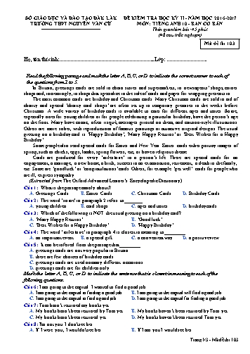 Đề kiểm tra học kỳ II môn Tiếng Anh 10 (Ban cơ bản) - Mã đề 103 - Năm học 2016-2017 - Trường THPT Nguyễn Văn Cừ (Kèm đáp án)
