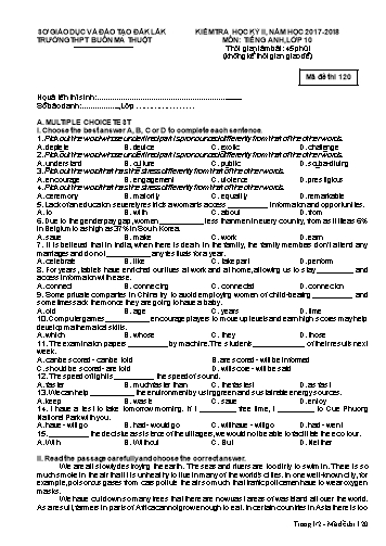 Đề kiểm tra học kỳ II môn Tiếng Anh 10 - Mã đề 120 - Năm học 2017-2018 - Trường THPT Buôn Ma Thuột (Kèm đáp án)