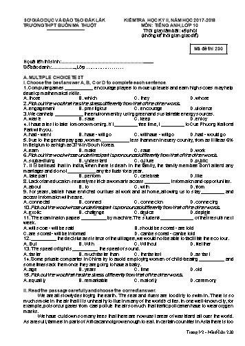 Đề kiểm tra học kỳ II môn Tiếng Anh 10 - Mã đề 230 - Năm học 2017-2018 - Trường THPT Buôn Ma Thuột (Kèm đáp án)