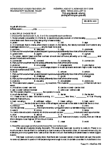 Đề kiểm tra học kỳ II môn Tiếng Anh 10 - Mã đề 450 - Năm học 2017-2018 - Trường THPT Buôn Ma Thuột (Kèm đáp án)