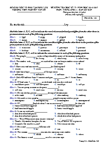 Đề kiểm tra học kỳ II môn Tiếng Anh 11 (Ban cơ bản) - Mã đề 101 - Năm học 2016-2017 - Trường THPT Nguyễn Văn Cừ (Kèm đáp án)