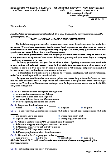 Đề kiểm tra học kỳ II môn Tiếng Anh 11 (Ban cơ bản) - Mã đề 102 - Năm học 2016-2017 - Trường THPT Nguyễn Văn Cừ (Kèm đáp án)