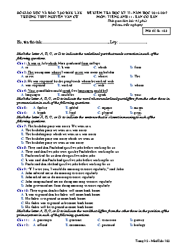 Đề kiểm tra học kỳ II môn Tiếng Anh 11 (Ban cơ bản) - Mã đề 103 - Năm học 2016-2017 - Trường THPT Nguyễn Văn Cừ (Kèm đáp án)