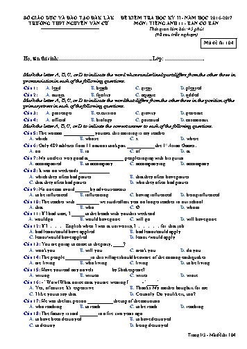 Đề kiểm tra học kỳ II môn Tiếng Anh 11 (Ban cơ bản) - Mã đề 104 - Năm học 2016-2017 - Trường THPT Nguyễn Văn Cừ (Kèm đáp án)