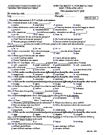 Đề kiểm tra học kỳ II môn Tiếng Anh 12 - Mã đề 204 - Năm học 2017-2018 - Trường THPT Buôn Ma Thuột