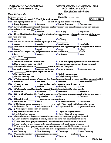 Đề kiểm tra học kỳ II môn Tiếng Anh 12 - Mã đề 238 - Năm học 2017-2018 - Trường THPT Buôn Ma Thuột
