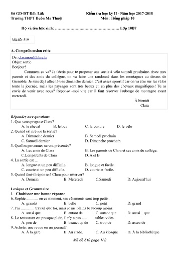 Đề kiểm tra học kỳ II môn Tiếng Pháp 10 - Mã đề 519 - Năm học 2017-2018 - Trường THPT Buôn Ma Thuột (Kèm đáp án)