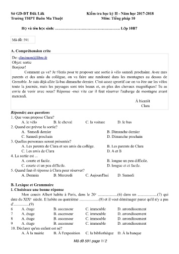 Đề kiểm tra học kỳ II môn Tiếng Pháp 10 - Mã đề 591 - Năm học 2017-2018 - Trường THPT Buôn Ma Thuột (Kèm đáp án)