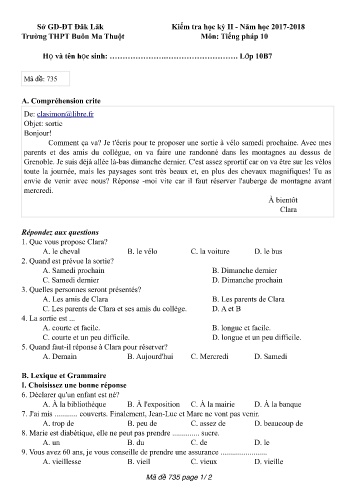 Đề kiểm tra học kỳ II môn Tiếng Pháp 10 - Mã đề 735 - Năm học 2017-2018 - Trường THPT Buôn Ma Thuột (Kèm đáp án)