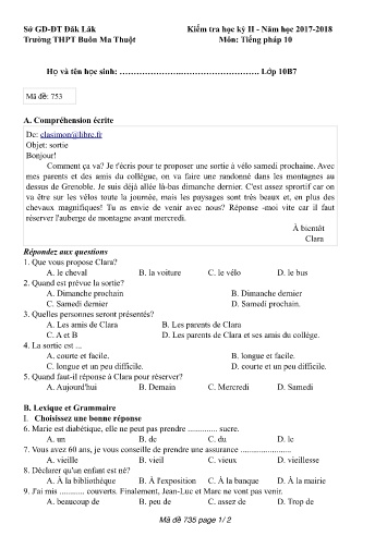 Đề kiểm tra học kỳ II môn Tiếng Pháp 10 - Mã đề 753 - Năm học 2017-2018 - Trường THPT Buôn Ma Thuột (Kèm đáp án)