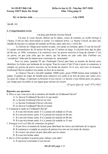 Đề kiểm tra học kỳ II môn Tiếng Pháp 11 - Mã đề 569 - Năm học 2017-2018 - Trường THPT Buôn Ma Thuột (Kèm đáp án)