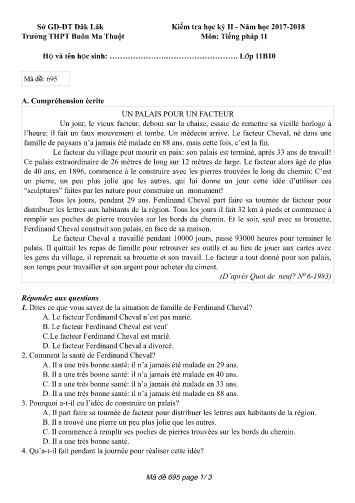 Đề kiểm tra học kỳ II môn Tiếng Pháp 11 - Mã đề 695 - Năm học 2017-2018 - Trường THPT Buôn Ma Thuột (Kèm đáp án)