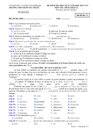 Đề kiểm tra học kỳ II môn Tiếng Pháp 12 - Mã đề 132 - Năm học 2017-2018 - Trường THPT Buôn Ma Thuột (Kèm đáp án)