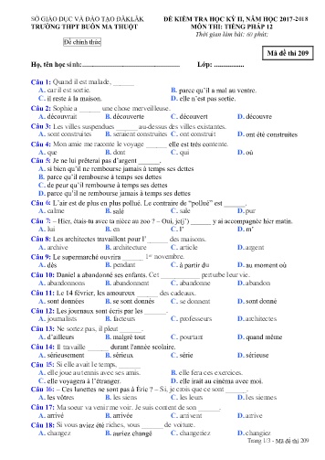 Đề kiểm tra học kỳ II môn Tiếng Pháp 12 - Mã đề 209 - Năm học 2017-2018 - Trường THPT Buôn Ma Thuột (Kèm đáp án)