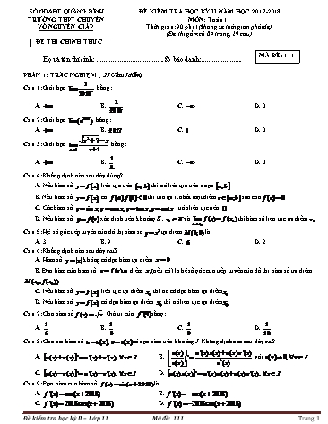 Đề kiểm tra học kỳ II môn Toán 11 - Mã đề 111 - Năm học 2017-2018 - Trường THPT chuyên Võ Nguyên Giáp (Kèm đáp án)