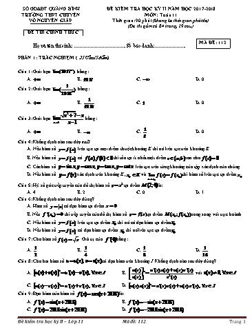 Đề kiểm tra học kỳ II môn Toán 11 - Mã đề 112 - Năm học 2017-2018 - Trường THPT chuyên Võ Nguyên Giáp (Kèm đáp án)