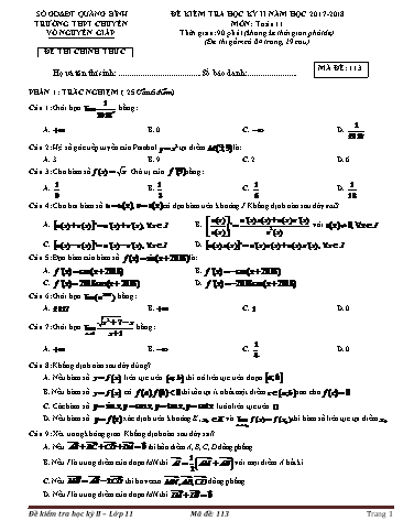 Đề kiểm tra học kỳ II môn Toán 11 - Mã đề 113 - Năm học 2017-2018 - Trường THPT chuyên Võ Nguyên Giáp (Kèm đáp án)