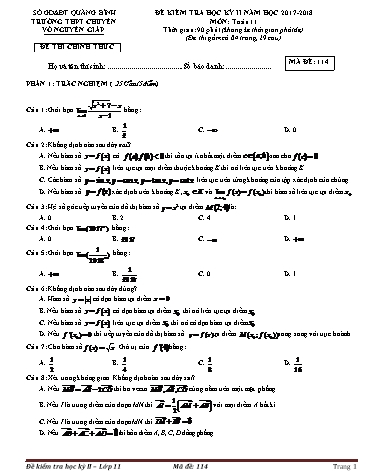 Đề kiểm tra học kỳ II môn Toán 11 - Mã đề 114 - Năm học 2017-2018 - Trường THPT chuyên Võ Nguyên Giáp (Kèm đáp án)