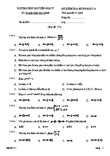 Đề kiểm tra môn Đại số 10 - Mã đề 171 - Trường THPT Nguyễn Văn Cừ (Kèm đáp án)