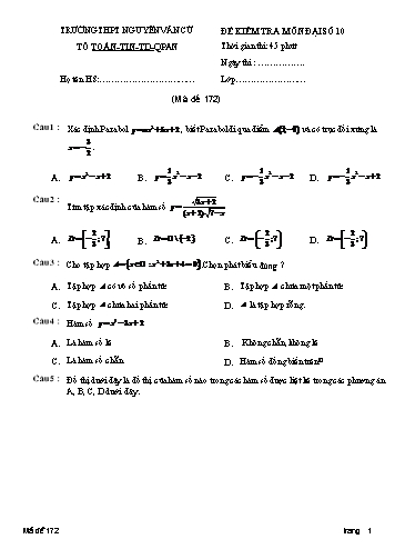 Đề kiểm tra môn Đại số 10 - Mã đề 172 - Trường THPT Nguyễn Văn Cừ (Kèm đáp án)