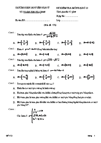 Đề kiểm tra môn Đại số 10 - Mã đề 173 - Trường THPT Nguyễn Văn Cừ (Kèm đáp án)