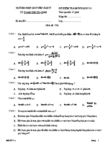 Đề kiểm tra môn Đại số 10 - Mã đề 174 - Trường THPT Nguyễn Văn Cừ (Kèm đáp án)