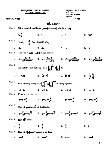 Đề kiểm tra môn Giải tích 12 - Mã đề 109 - Trường THPT Nguyễn Văn Cừ