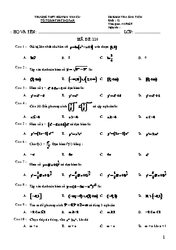Đề kiểm tra môn Giải tích 12 - Mã đề 110 - Trường THPT Nguyễn Văn Cừ